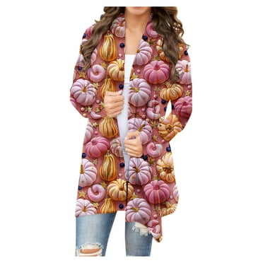 TOUMENY Womens Cardigans Lightweight Sweaters for Women Women's Thanksgiving Pumpkin Printed Loose Casual Long Sleeve Top Cardigan