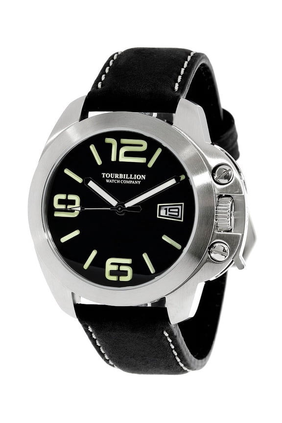 COMPANY MODERN COLLECTION STAINLESS STEEL CASE BLACK DIAL WITH GREEN ARABIC AND INDEX NUMBERS WITH CROWN SAFTY LOCK AND BLACK GENUINE LEATHER STRAP