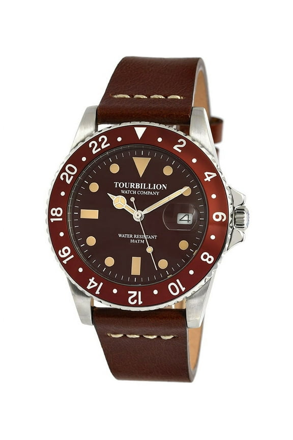 COMPANY VINTAGE COLLECTION WATCH SILVER CASE BROWN DIAL WITH INDEX AND BROWN ALUMINUM BEZEL WITH BROWN GENUINE LEATHER STRAP
