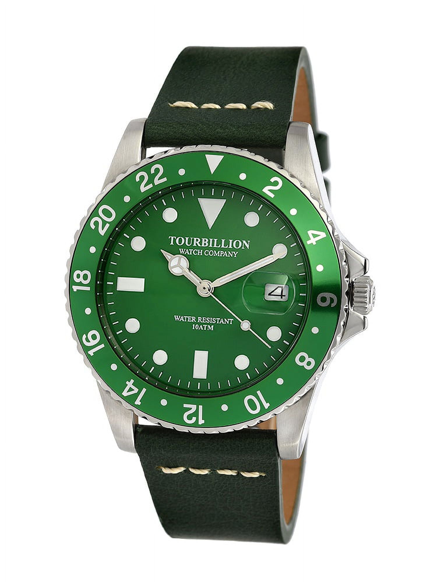 TOURBILLION WATCH COMPANY VINTAGE COLLECTION WATCH SILVER CASE GREEN DIAL WITH INDEX AND GREEN ALUMINUM BEZEL WITH GREEN GENUINE LEATHER STRAP