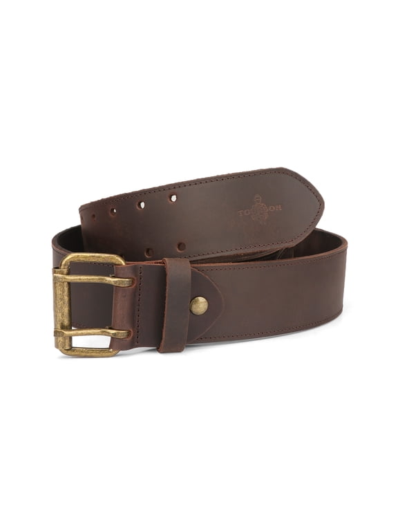 2 Inch Heavy Duty Genuine Leather Work Belt with Double Prong Steel Buckle 33-48 Inch Adjustable for Men Brown
