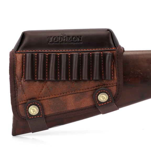 TOURBON Brown PU Leather Recoil Pad for Hunting Rifle or Shotgun, Cheek Riser Comb Raiser  with 8 Rounds 30-06 Ammo Slots-for Right Hand