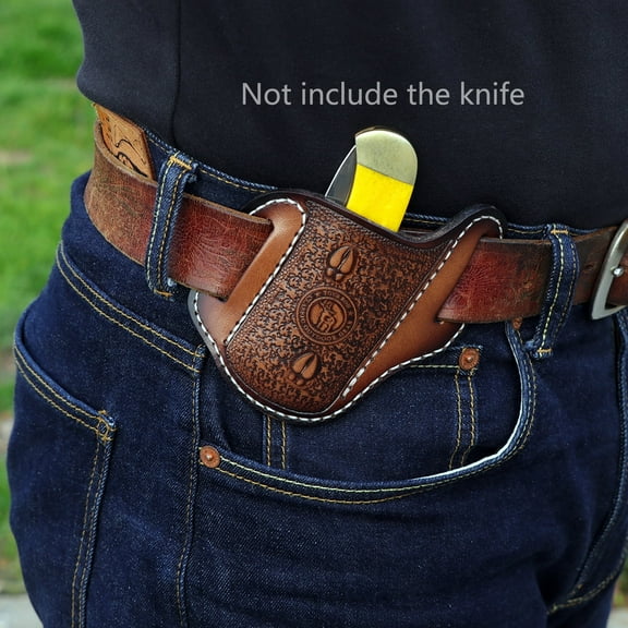 TOURBON Carve Leather Folding Knife Sheath EDC Pocket Pouch with Belt Loop Brown ( Knives are not included)