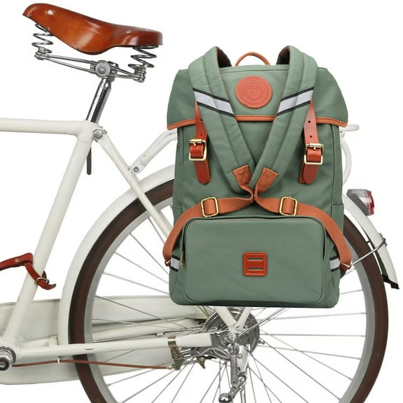 TOURBON Cycling Canvas Bicycle Pannier Bike Seat Bag Shoulder Backpack Leisure Daily School Bag Green Outdoor Riding Women Men