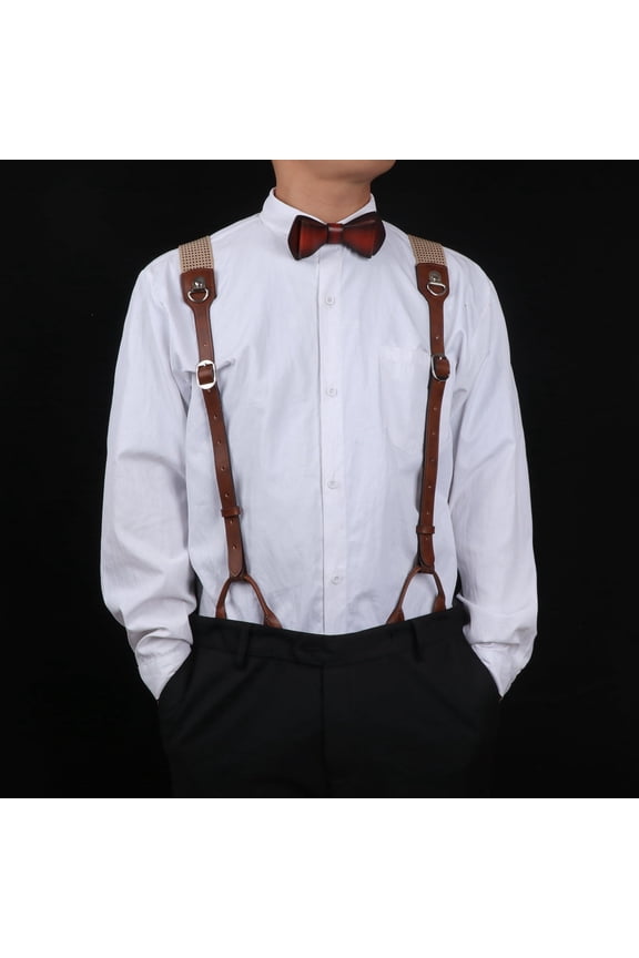 Elastic & Leather Men Suspender Strap with Clips Fully Adjustable Y Back Tool Straps for Pants