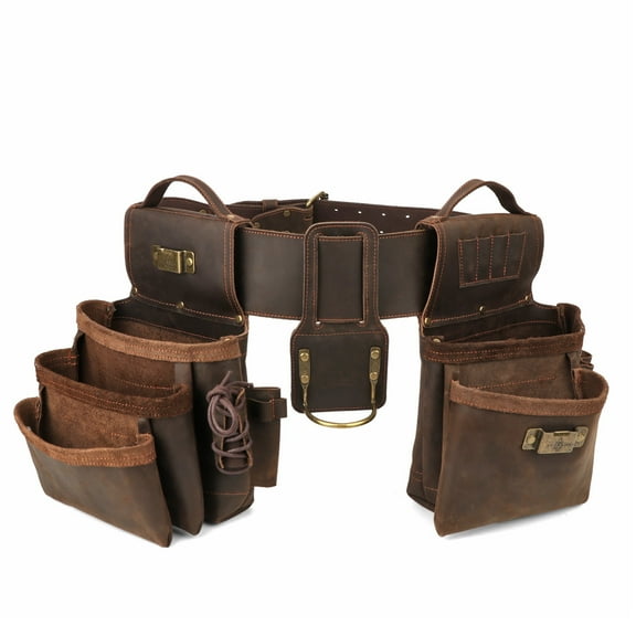 TOURBON Heavy Duty Leather Tool Waist Bag with Adjustable Belt Detachable Pockets for Carpenter Electrician
