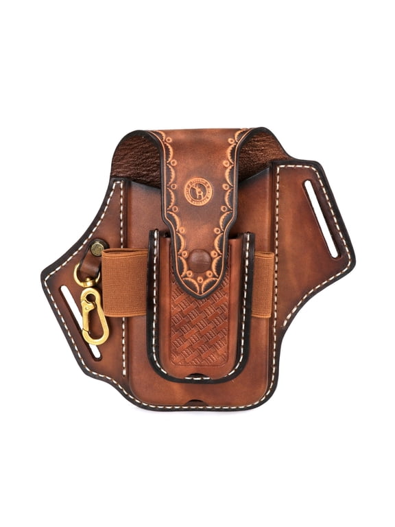 Leather Double Layer Folding Knife Sheath, EDC Pouch for Flashlight Phone Multi-Tool, with Key Chain Clip, 1 Count