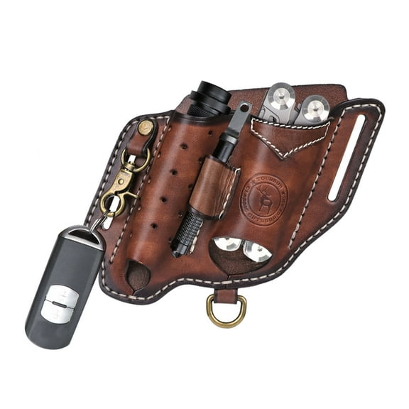 TOURBON Leather EDC Pocket Organizer for Folding Knife Flashlight Holder Mini Knife Pouch Key Chain Carrier Brown