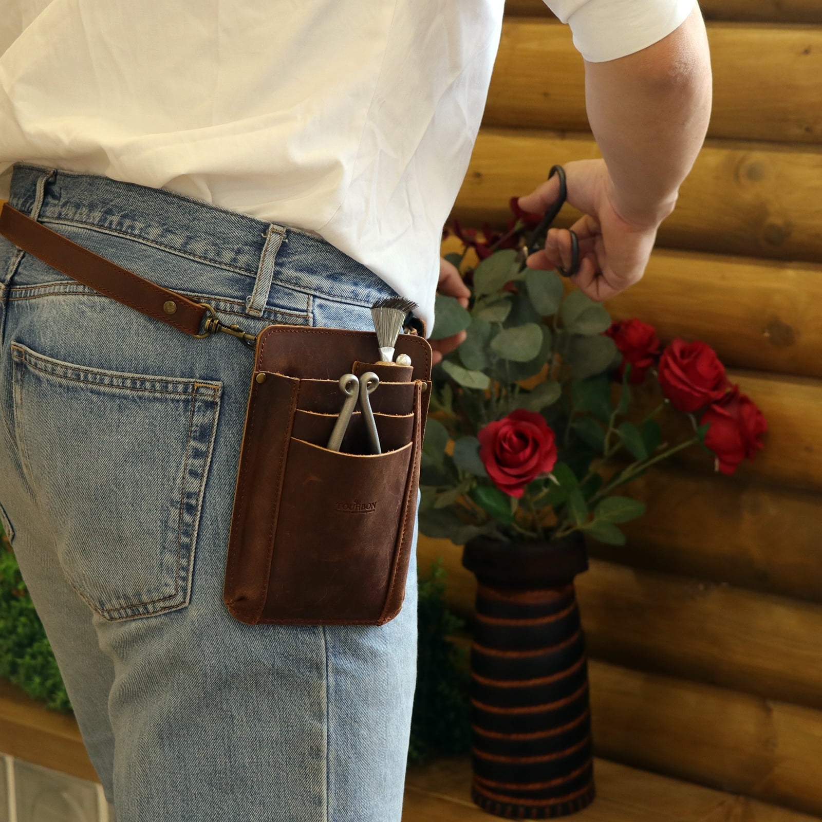 TOURBON Leather Garden Tool Belt Pouch Tool Waist Bag Cell Phone Pocket with Shoulder Strap Brown