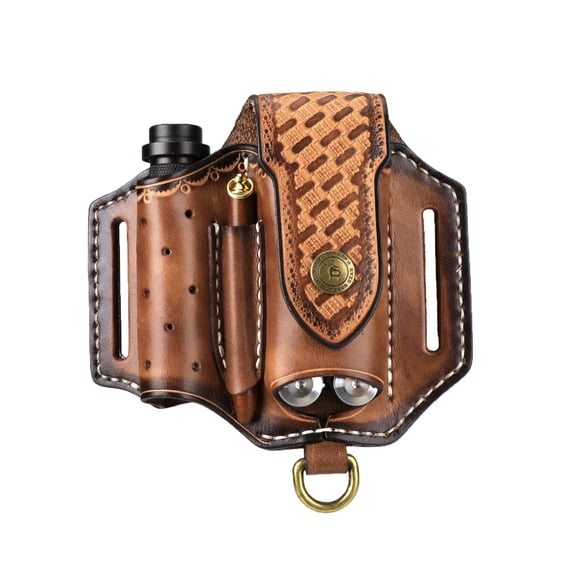 TOURBON Multifunction Leather Folding Knife Sheath EDC Pocket Organizer for Folding Knife Flashlight Mini Knife Pouch Brown
