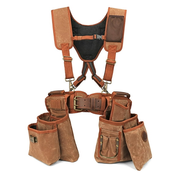TOURBON Tool Belt with Adjustable Suspenders Padded Cooling Mesh Detachable Pockets Tape Measure Hammer Holder Framers Rig Tan Brown