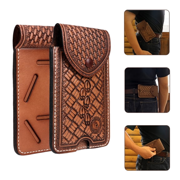 TOURBON Vintage Tooled Leather Cell Phone Holster, Belt Loop Magnetic Snap Phone Pouch for iPhone 11-15 & 7" Phones-1 Count-Leather Case Only