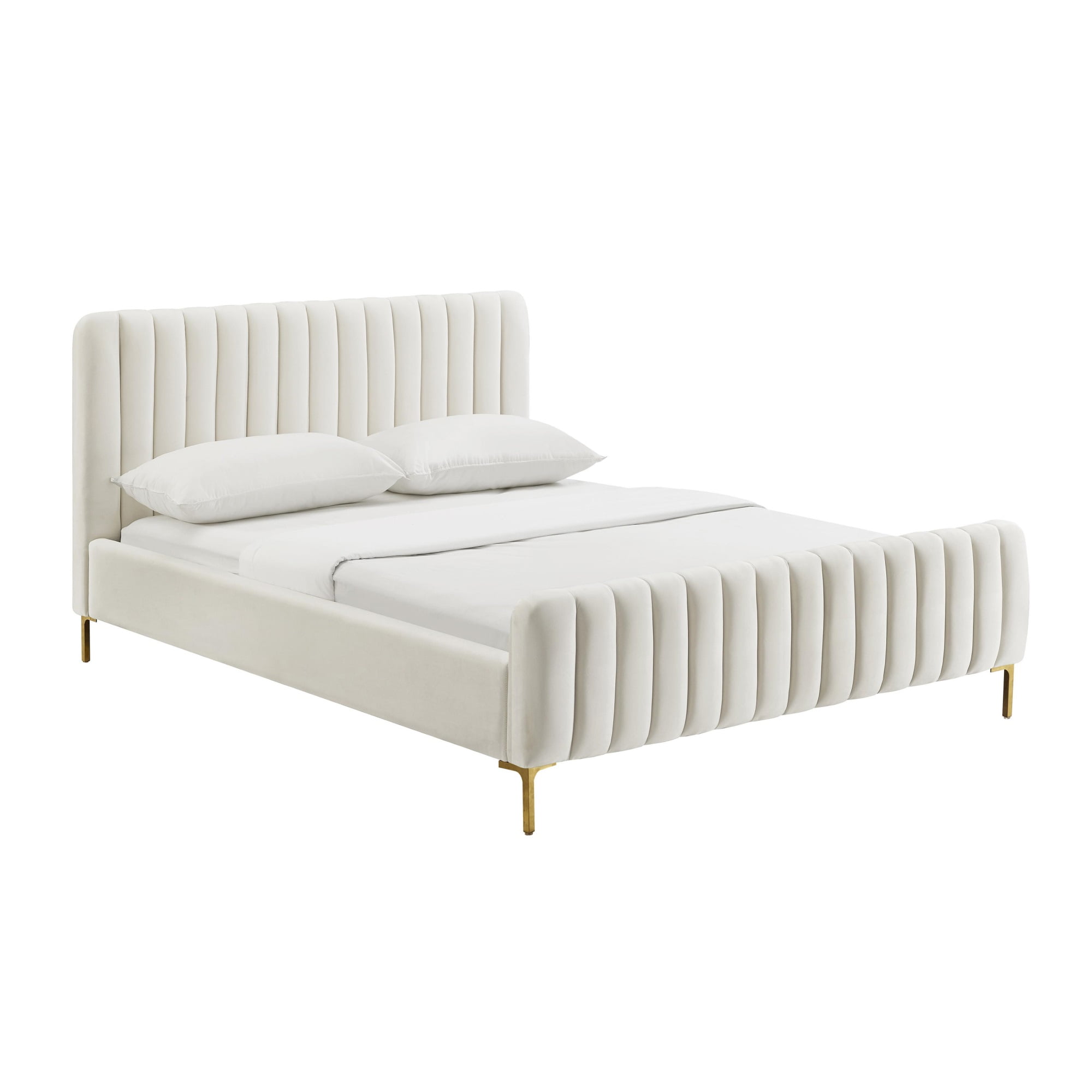 Angela Cream Velvet Queen Upholstered Bed with Gold Legs