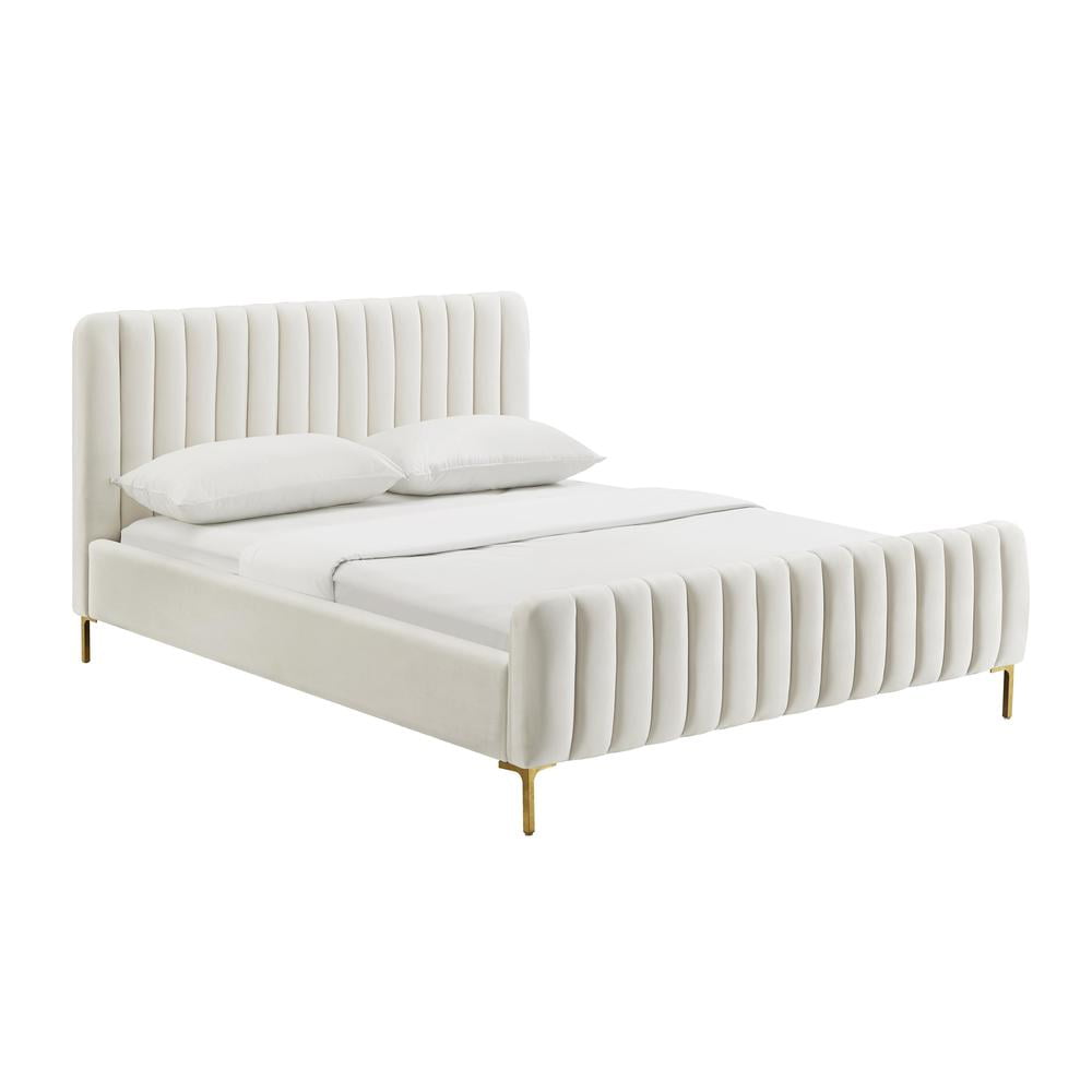 Angela Cream Velvet Full Platform Bed with Gold Legs