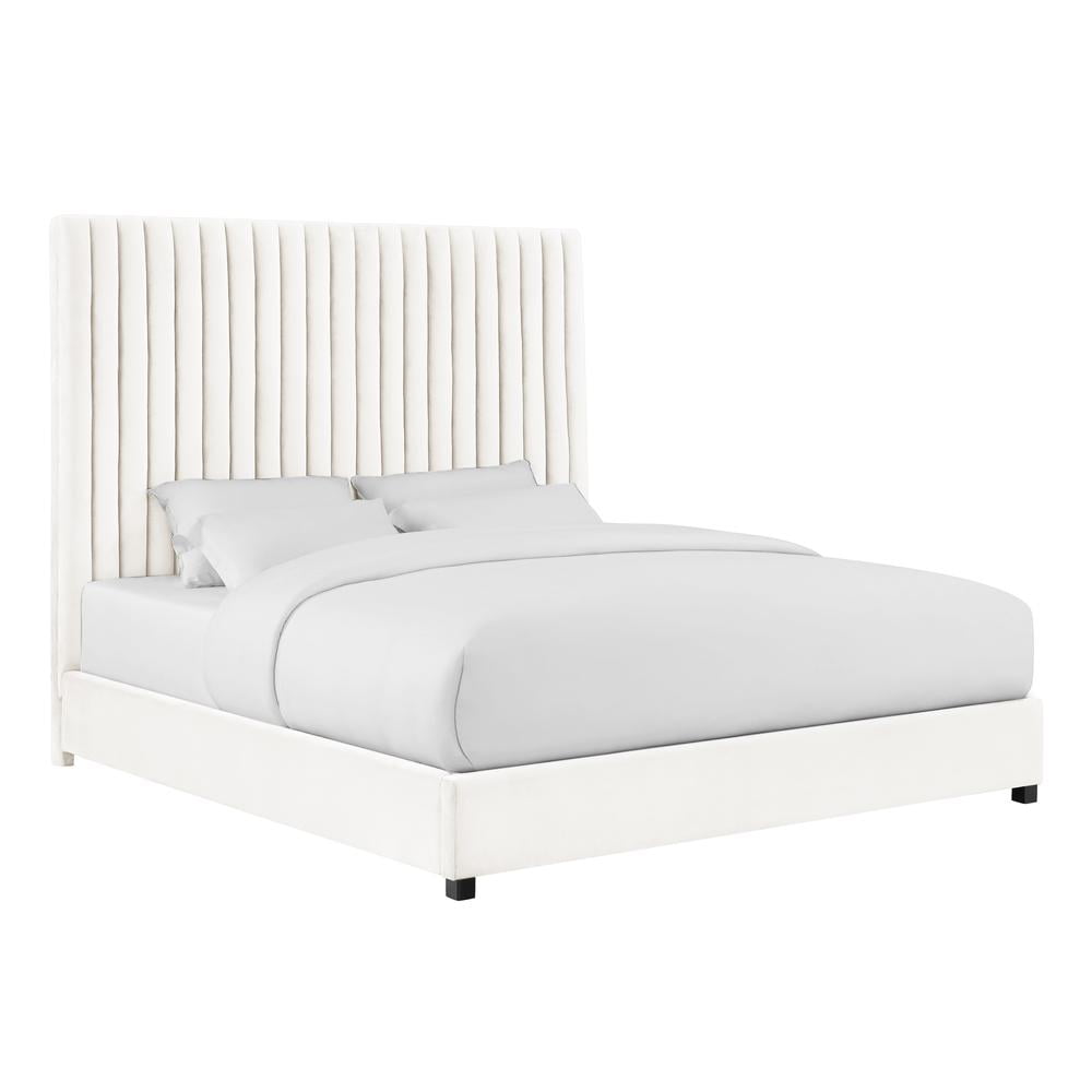White Velvet Queen Bed with Channel Tufted Headboard