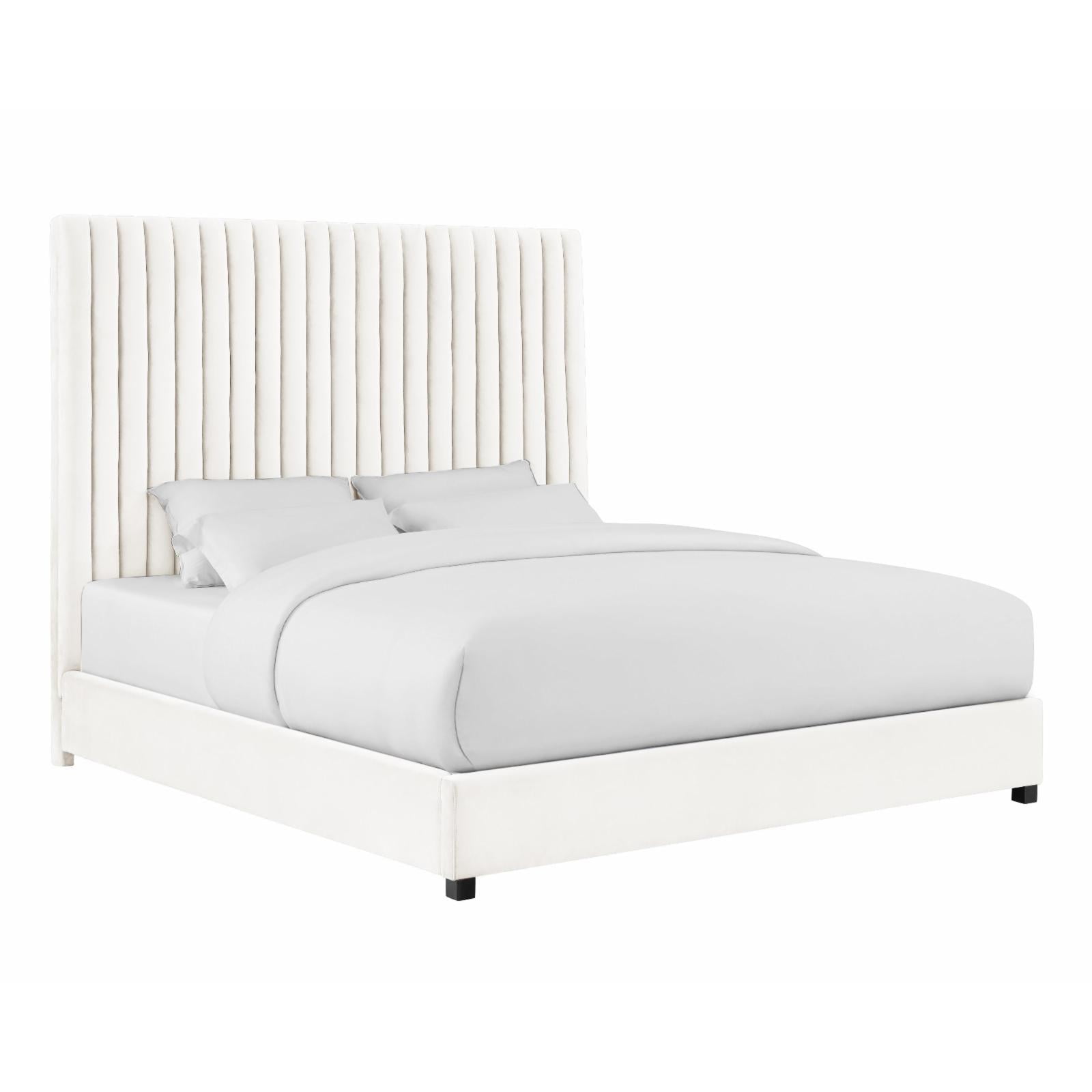 White Velvet Queen Bed with Channel Tufted Headboard