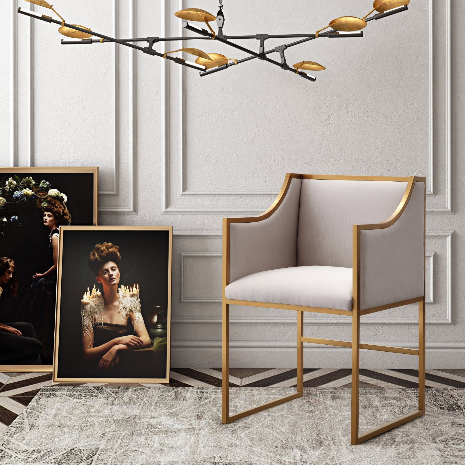 Atara Cream Velvet Arm Chair with Gold Metal Frame