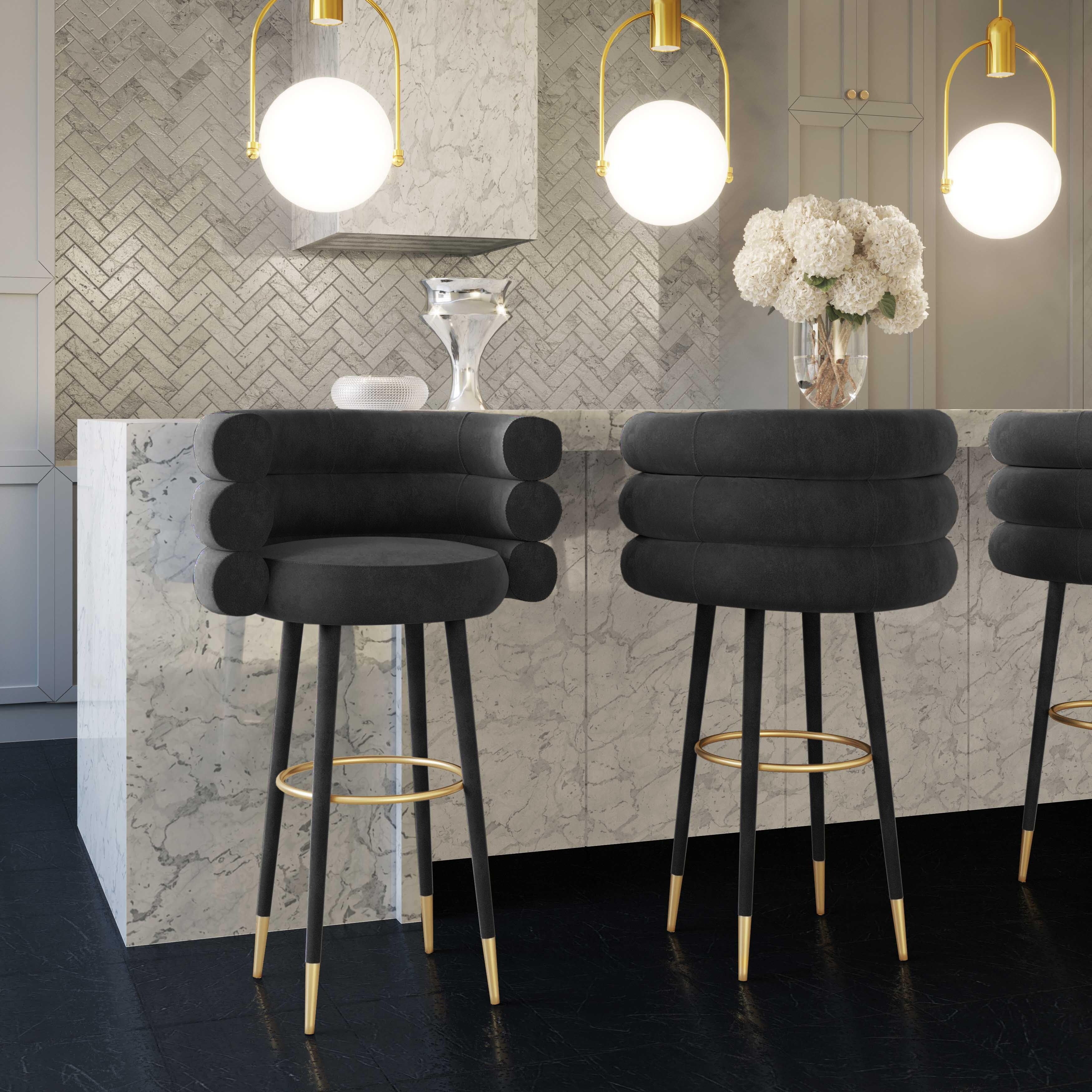 Black Velvet Bar Stool with Gold Tipped Legs