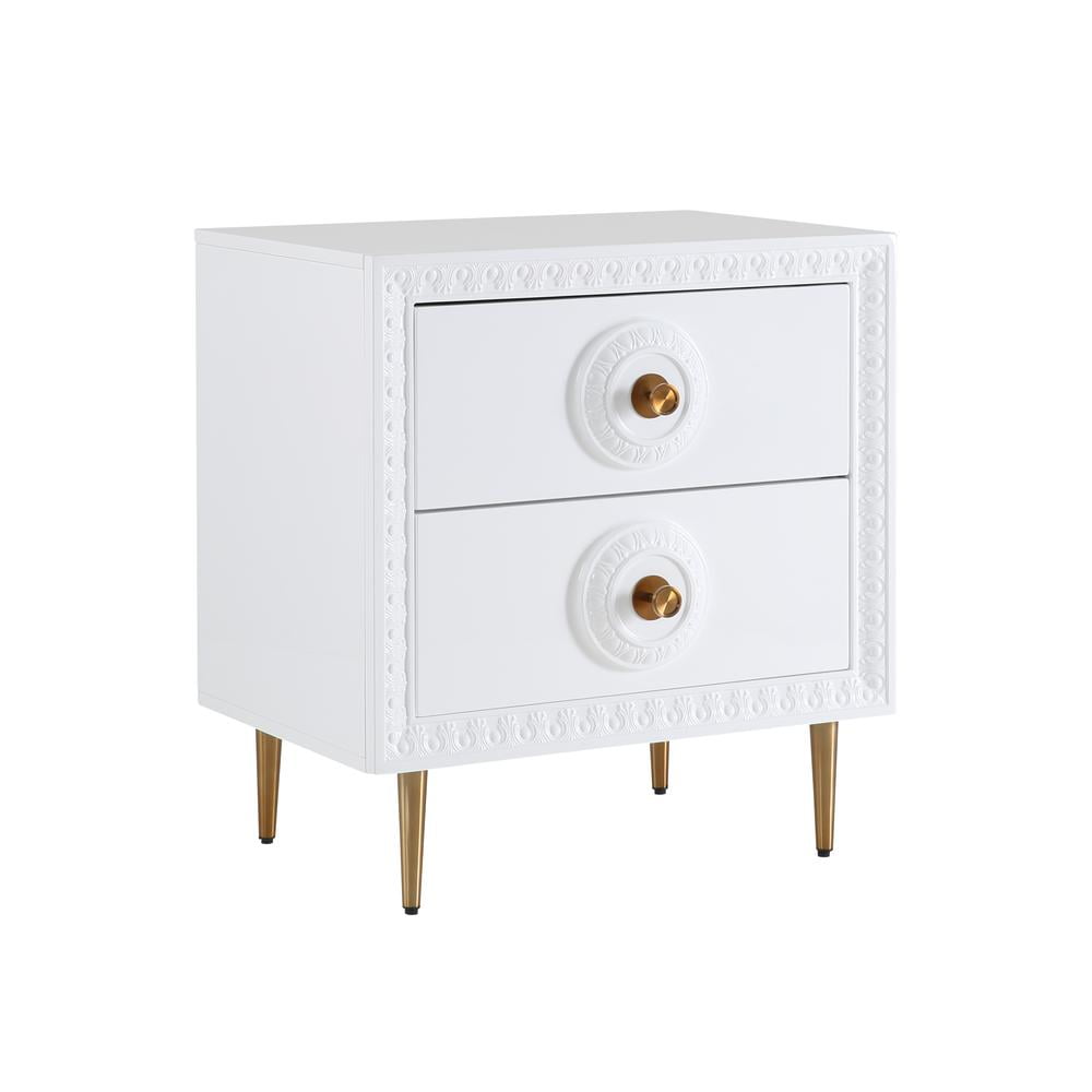 White Lacquer Rectangular Nightstand with Gold Accents