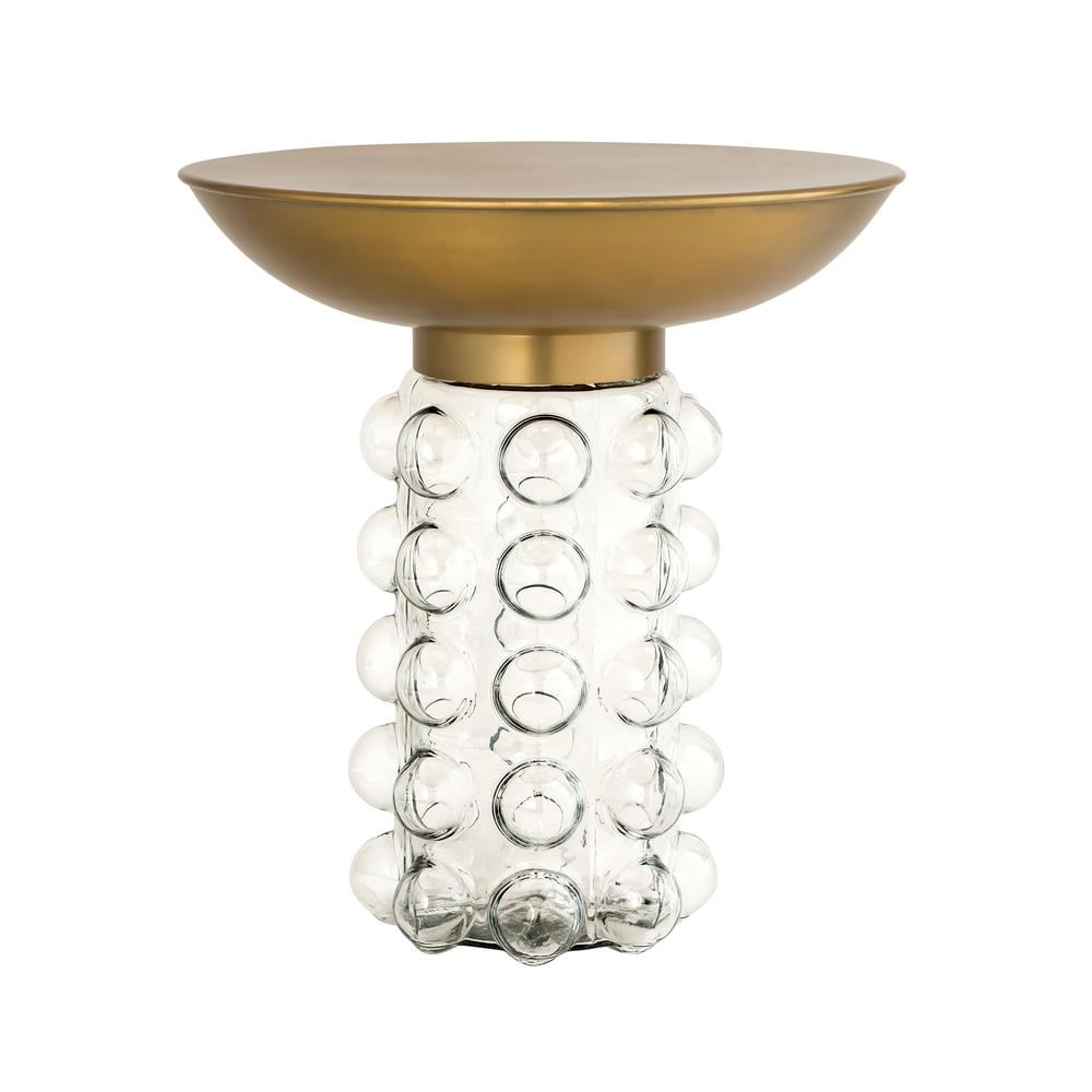 Chic Hollywood Glam Round Brass & Glass Bubble Pedestal Side Table