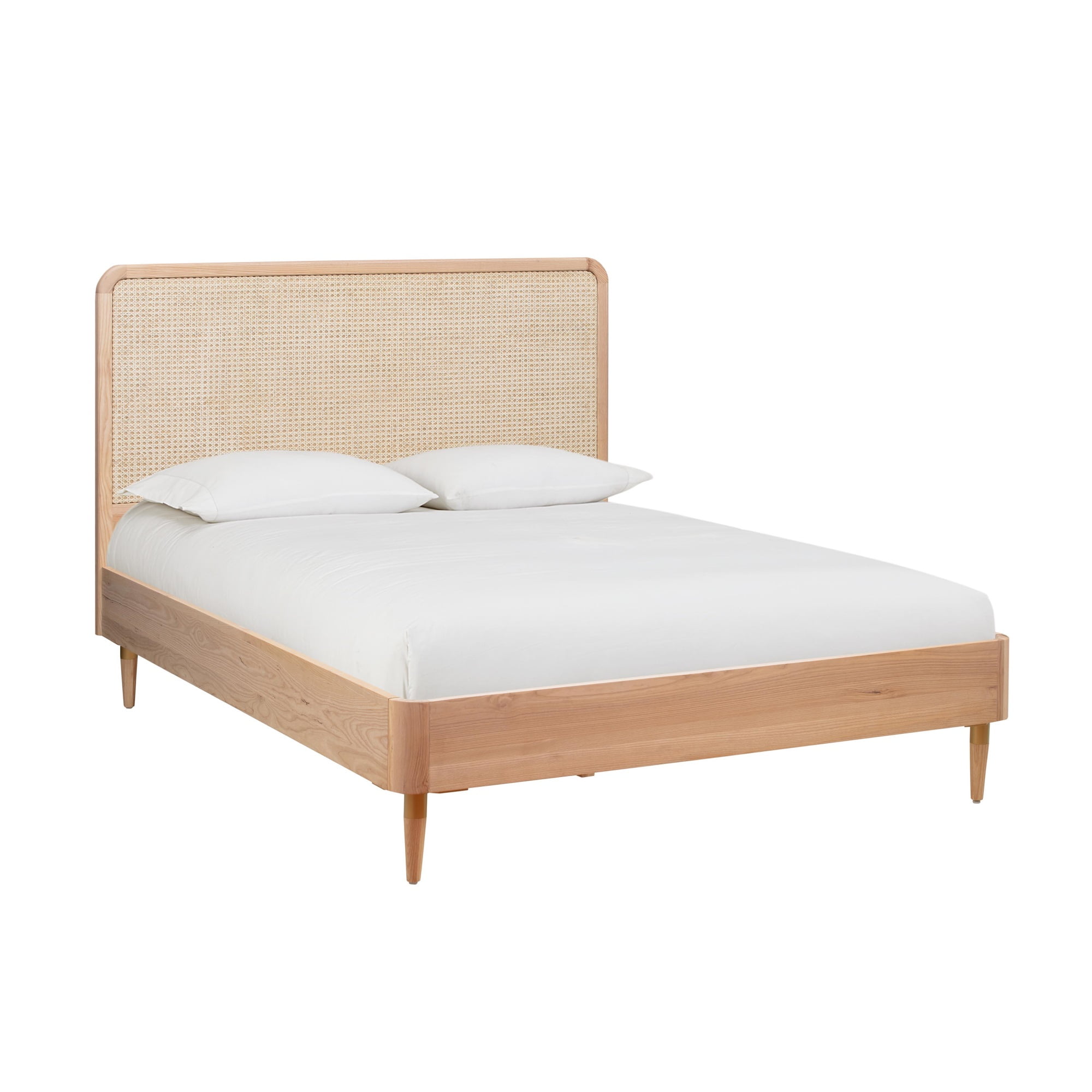 Beige Queen Cane and Ash Wood Panel Bed with Drawer