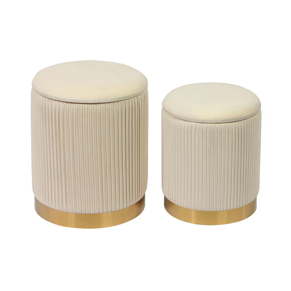 Cream Velvet Round Storage Ottomans with Gold Base, Set of 2