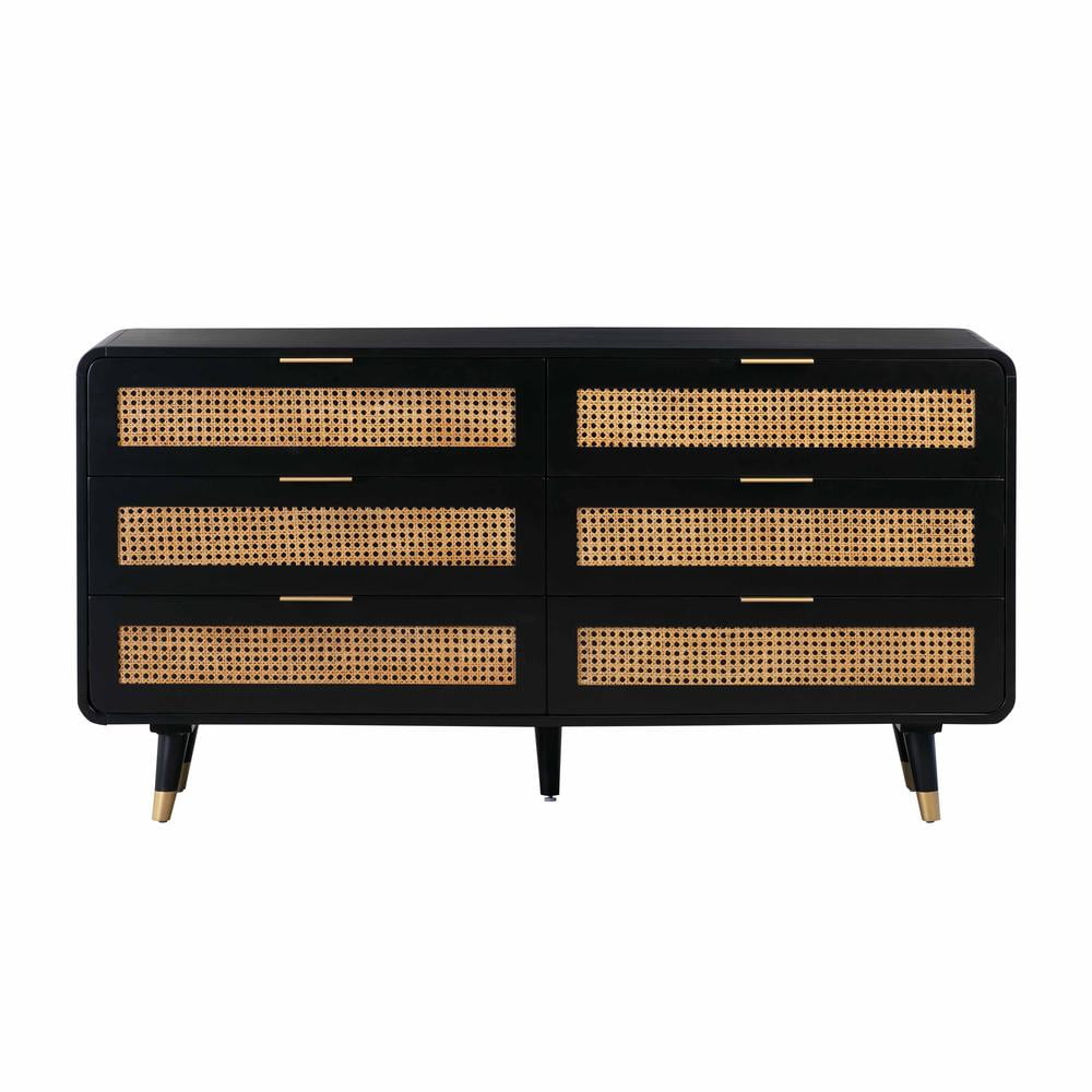 Black Acacia Mid-Century 6-Drawer Dresser with Cane Webbing