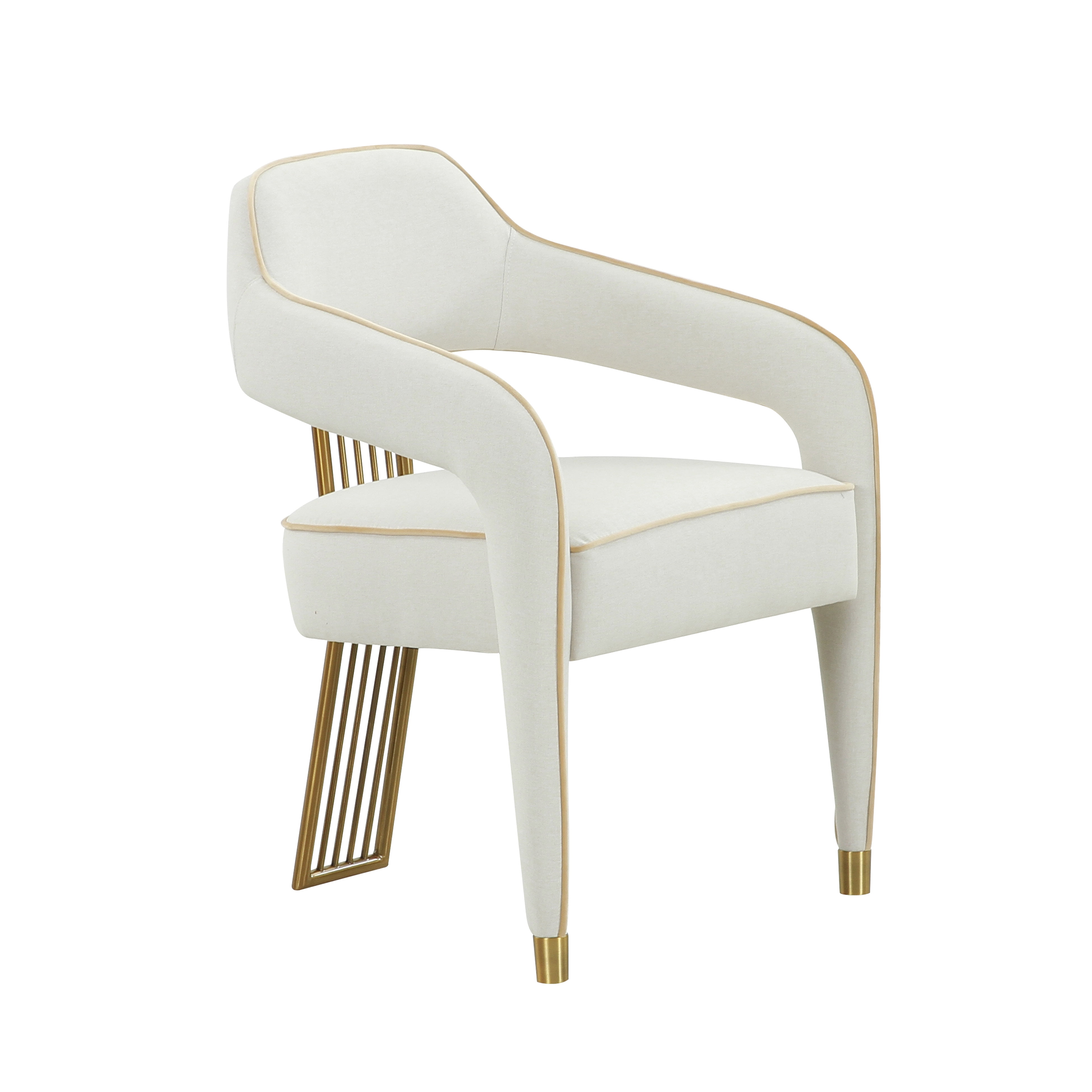 Elegant Cream Linen Upholstered Dining Armchair with Gold Metal Accents