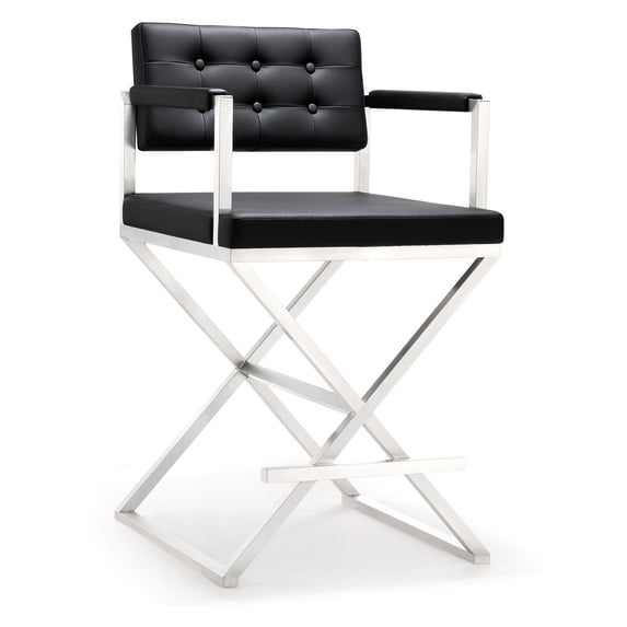 TOV Furniture Director Black Vegan Leather Counter Stool with Silver Legs