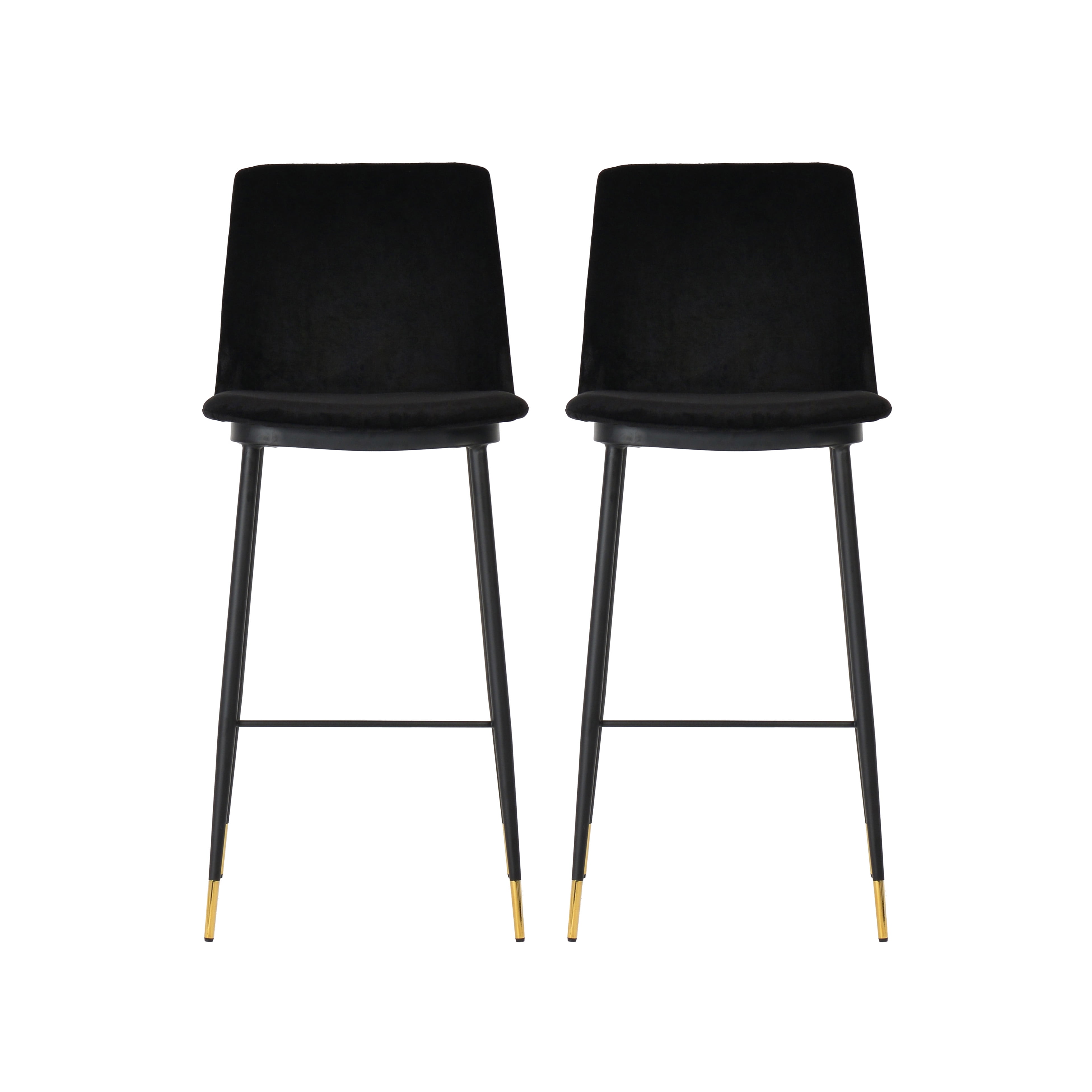 Evora Black Velvet Counter Stool with Gold-Tipped Legs, Set of 2