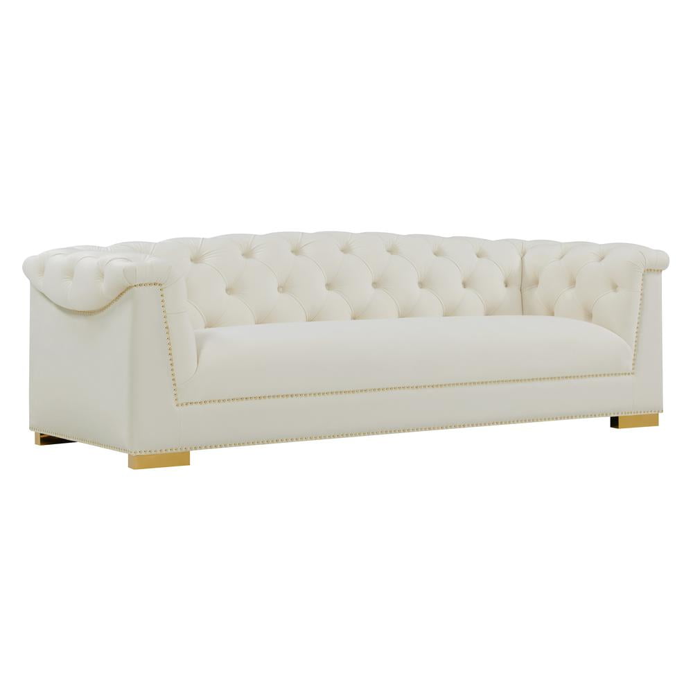 Farah Cream Velvet 92.1'' Tufted Sofa with Gold Nailhead Trim