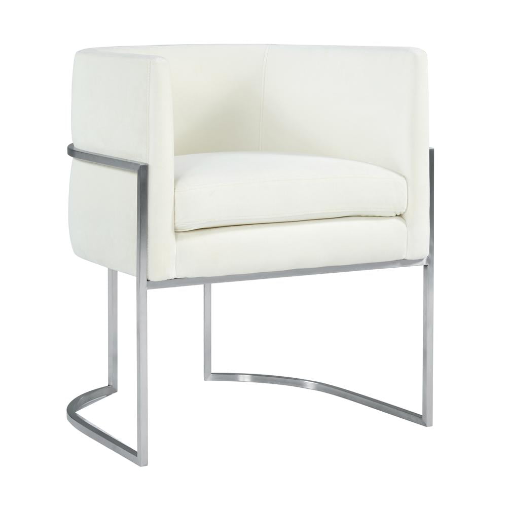 Contemporary Cream Velvet Upholstered Armchair with Silver Metal Frame