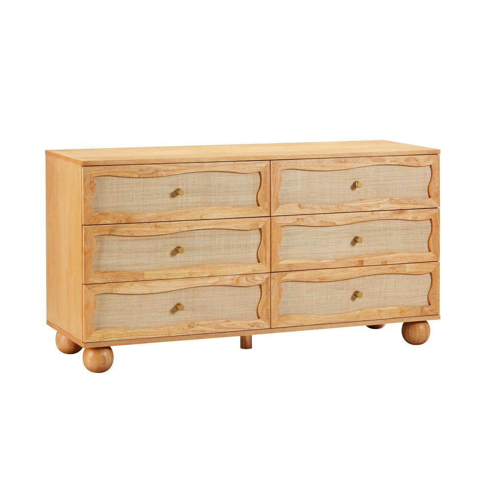 Natural Mango Wood and Rattan Coastal 6-Drawer Dresser