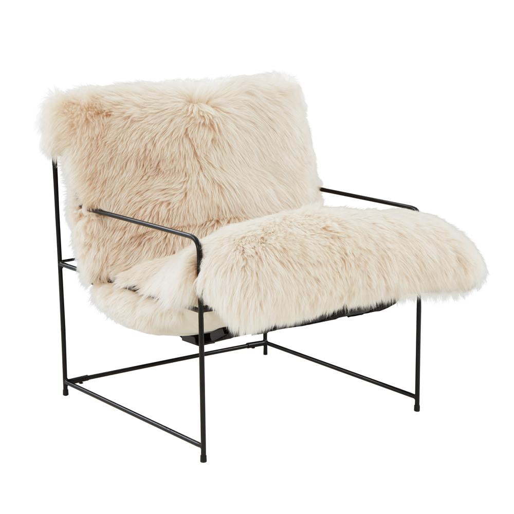 Natural White Sheepskin and Iron Accent Chair