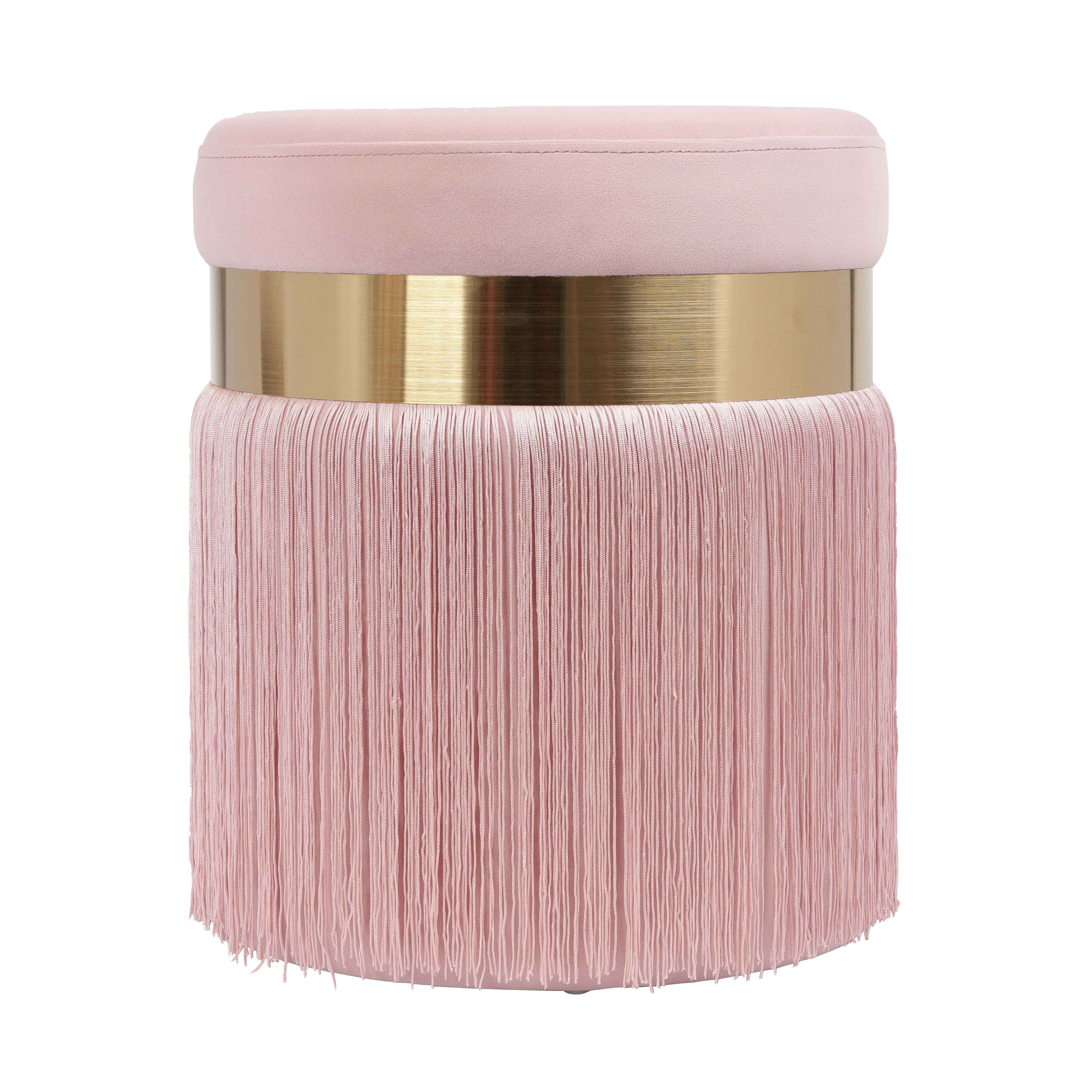 TOV Furniture Melody Blush Tasseled Velvet Ottoman with Brass Band