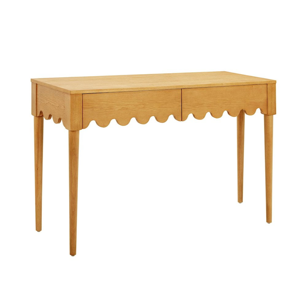 Natural Ash Wood Writing Desk with Scalloped Drawer Fronts