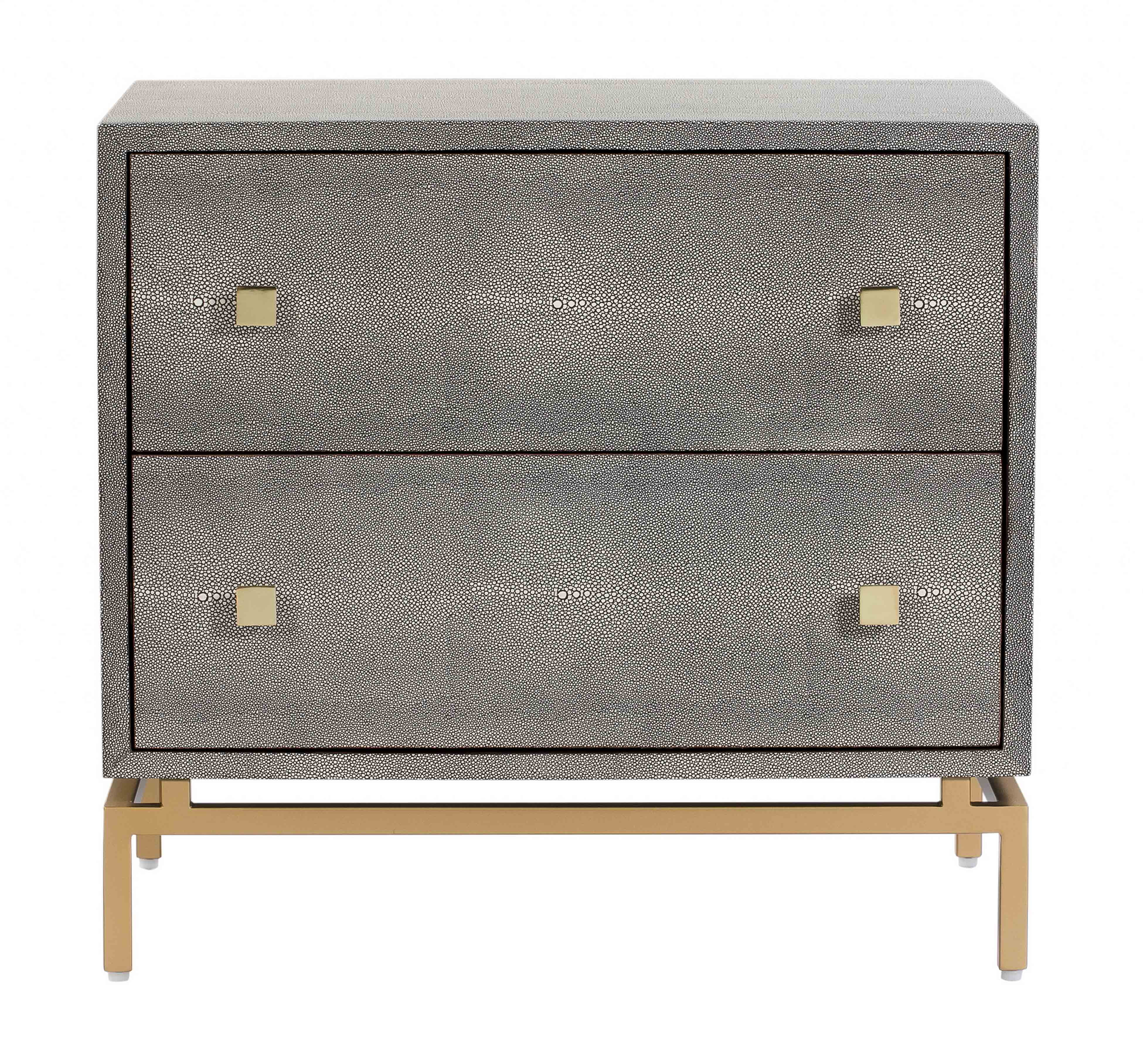 Pesce Modern Gray Shagreen 2-Drawer Nightstand with Brass Accents