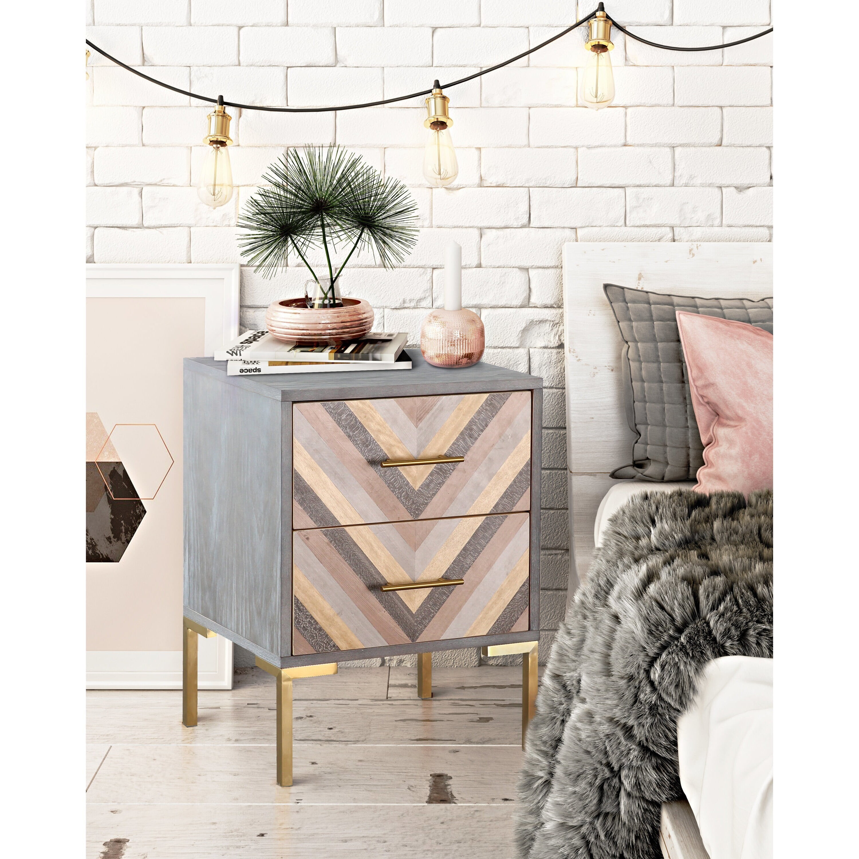 Gray Triangular Wood and Metal Side Table with Storage