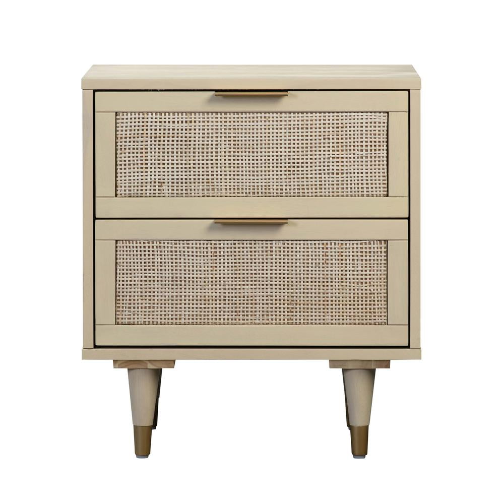 Beige Rubberwood 2-Drawer Nightstand with Cane and Brass Accents