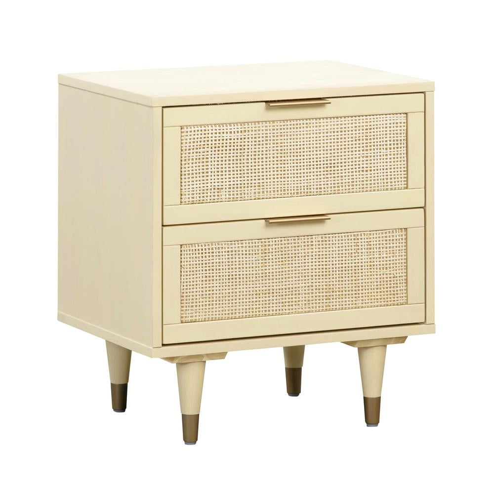 Beige Rubberwood 2-Drawer Nightstand with Cane and Brass Accents