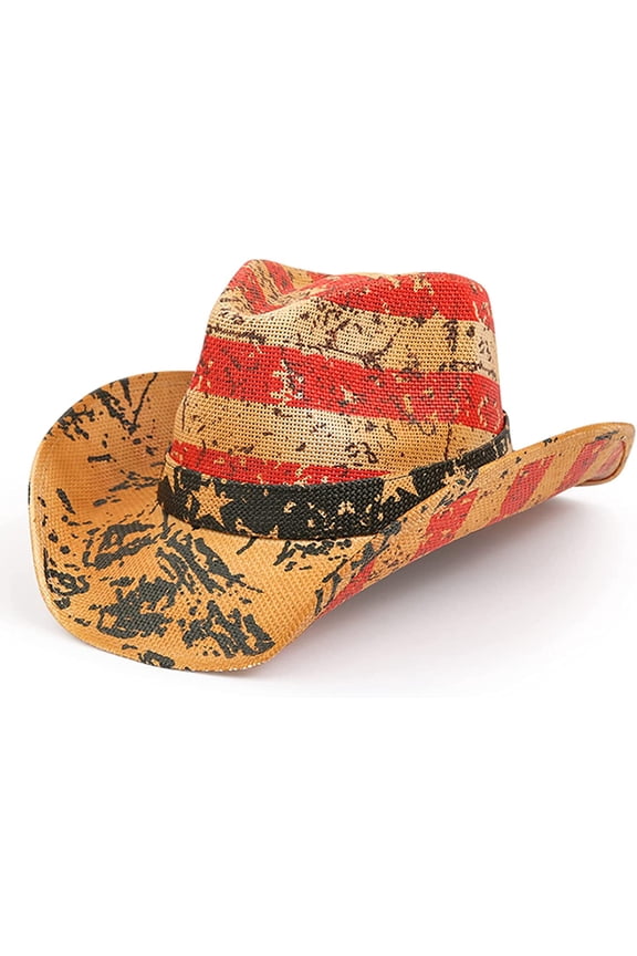 American Flag Cowboy Cowgirl Hat with Shape-It Brim for Men or Women, Vintage Abstract Banner