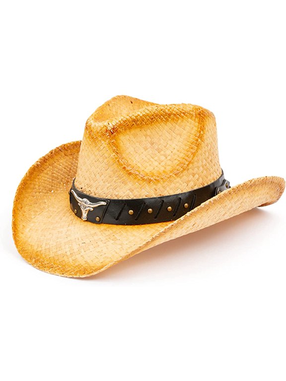 Straw Cowboy Hat for Women and Men with Shape-It Brim, Western Cowboy Hat, Bull - Tea Stain