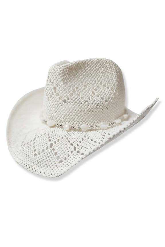 Western Cowgirl Hat, Straw Cowboy Hat for Women with Shapeable Brim, Beaded Hearts Trim, Shapeable Cowboy Hat, White