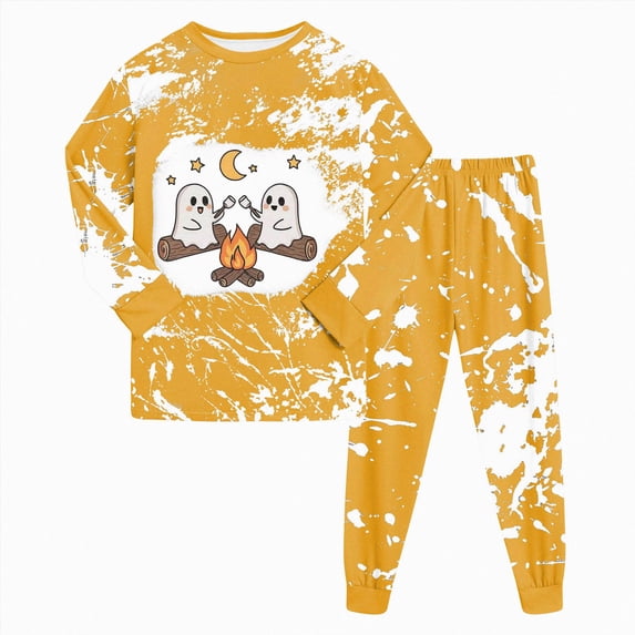 TOWED22 2 Piece Boys Girl Halloween Pajamas Kids Pumpkin Head Glow Print Long Sleeve Top and Pants Pajamas Pjs Sleepwear Set for Toddler Little Boys(Yellow,5Y)