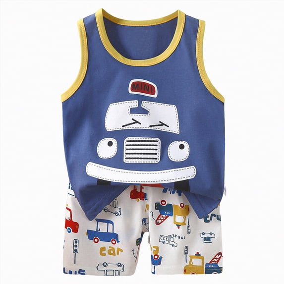TOWED22 2 Piece Infant Toddler Boy Clothes Sleeveless Top Tee + Print Elastic Pocket Shorts Summer Outfits(Blue,120.00)