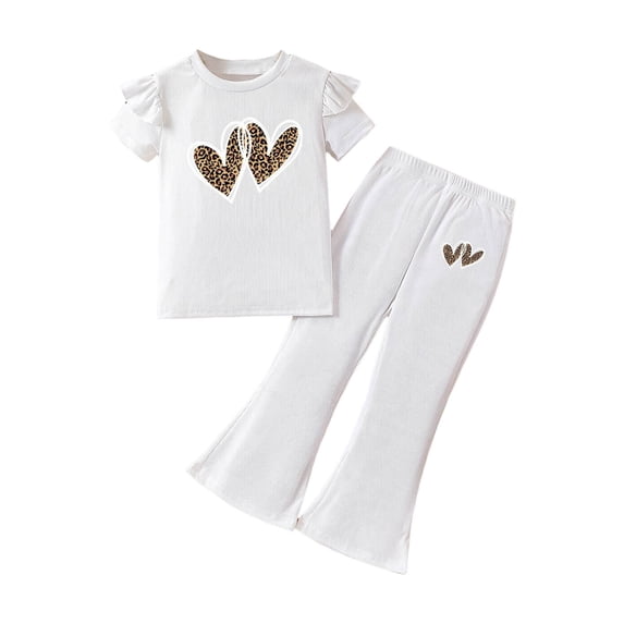TOWED22 2 Piece Outfit Toddler Girl Clothes Sweet Summer Short Sleeve Tshirt Flowy Flare Pants White,2-3 Y