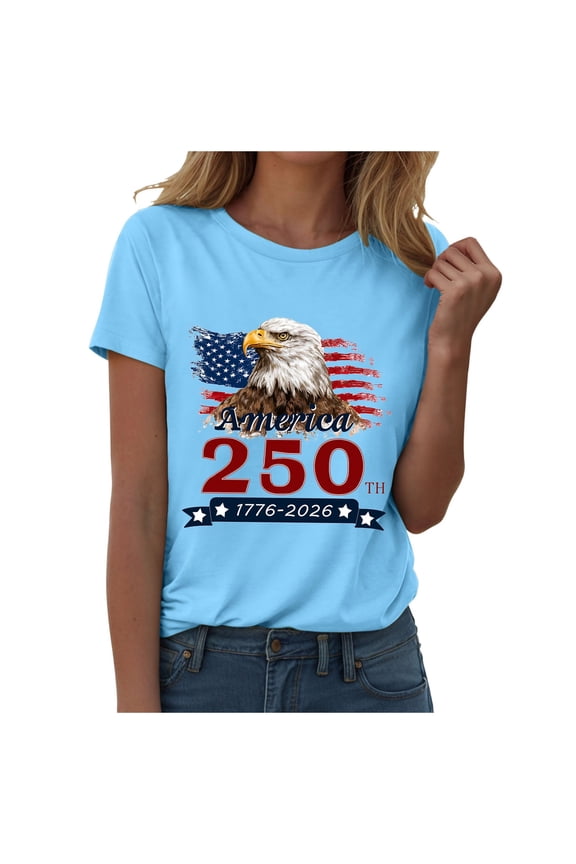 250 Years America Anniversary Shirt Womens 250th Independence Day Freedom Shirt USA Flag Star and Stripes Tee(Sky Blue,S)