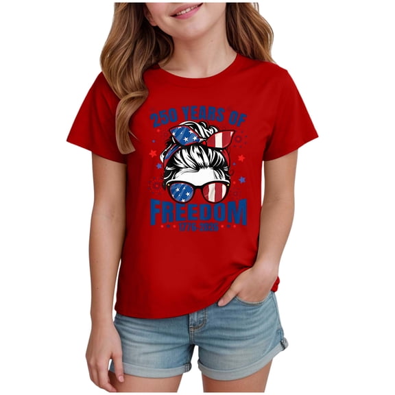TOWED22 250Th Anniversary Girls Tops USA Flag Patriotic Tee Short Sleeve T-Shirts 4th of July Casual Shirts(Red,1-2 Y)