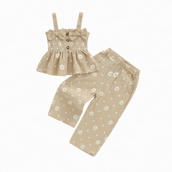 TOWED22 2PCS Baby Girl Sleeveless Strap Lace Crop Vest Tops   Flared Wide-Leg Pants Toddler Summer Outfits Set Clothes(Beige,3-4 Y)