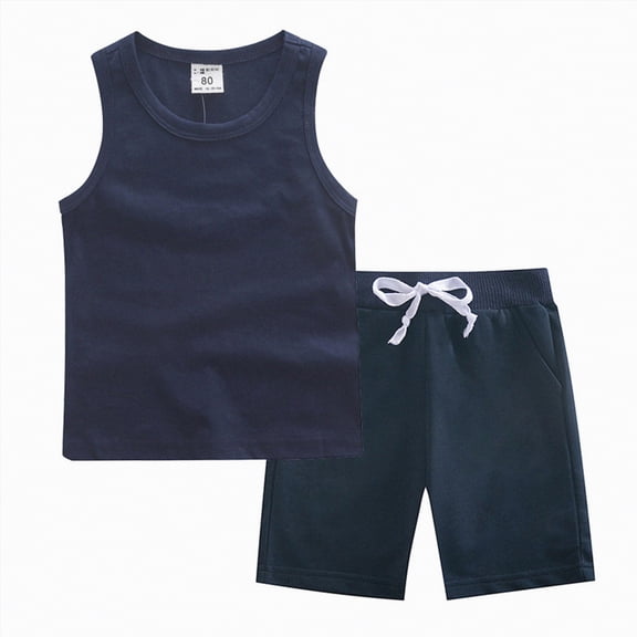 TOWED22 2Pcs Baby Boys Summer Clothing Sets Cute Letters Print Sleeveless Tank Tops T-Shirt Palm Shorts Outfits(Navy,6-7 Y)